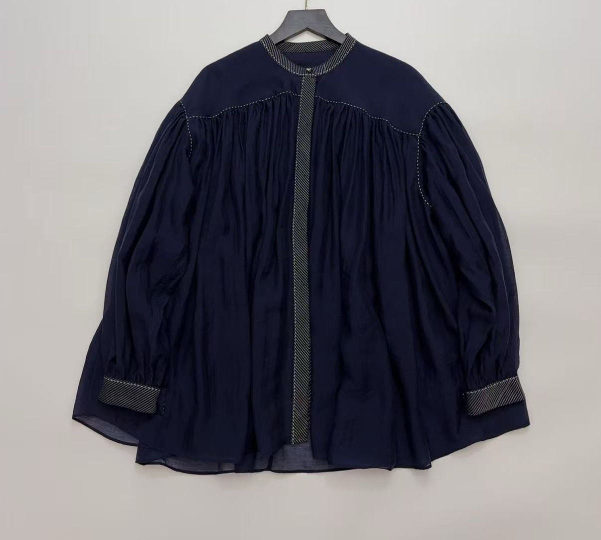Pheeta Japanese Style Silk-Cotton Sheer Round Neck Long Sleeve Shirt