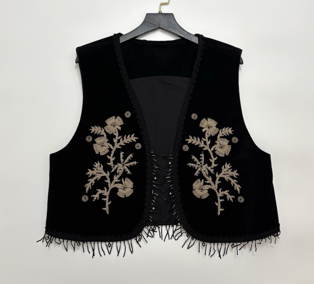 Floral Embroidered Hand Beaded Tassel Trim V-Neck Vest