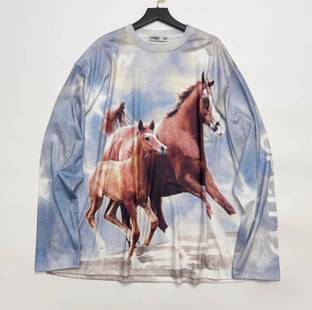 OPEN YY Crewneck Loose Horse Print Blue Long Sleeve T-Shirt