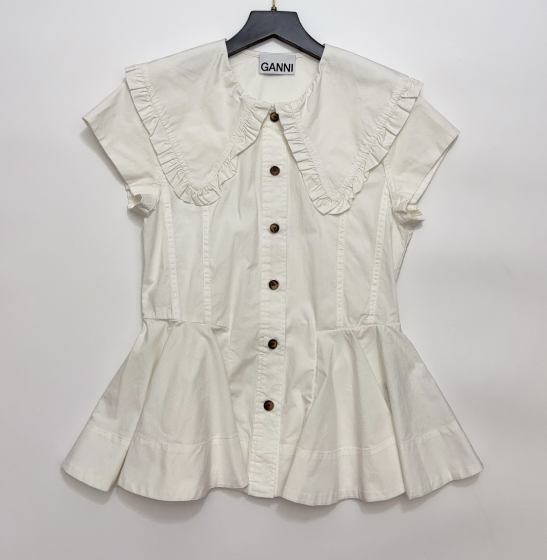 Ganni Classic Elegant Ruffle Peter Pan Collar Short Sleeve Shirt Top