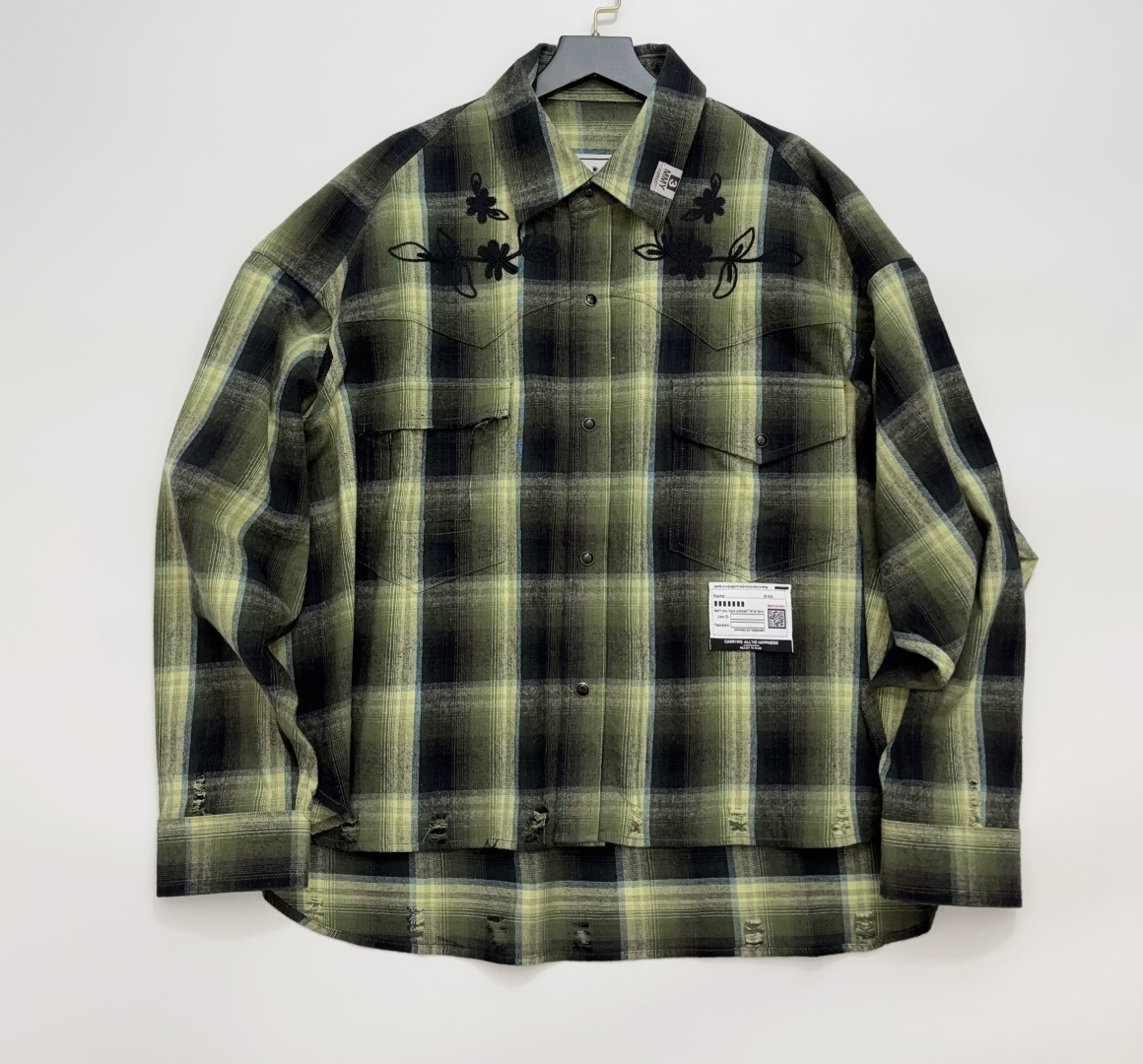 Maison Mihara Yasuhiro Letter Embroidery Plaid Shirt with Distressed Ripped Design