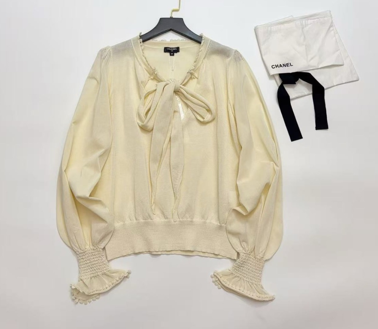 Chanel-Inspired Lace Bow Tie Long Sleeve Knit Shirt Top