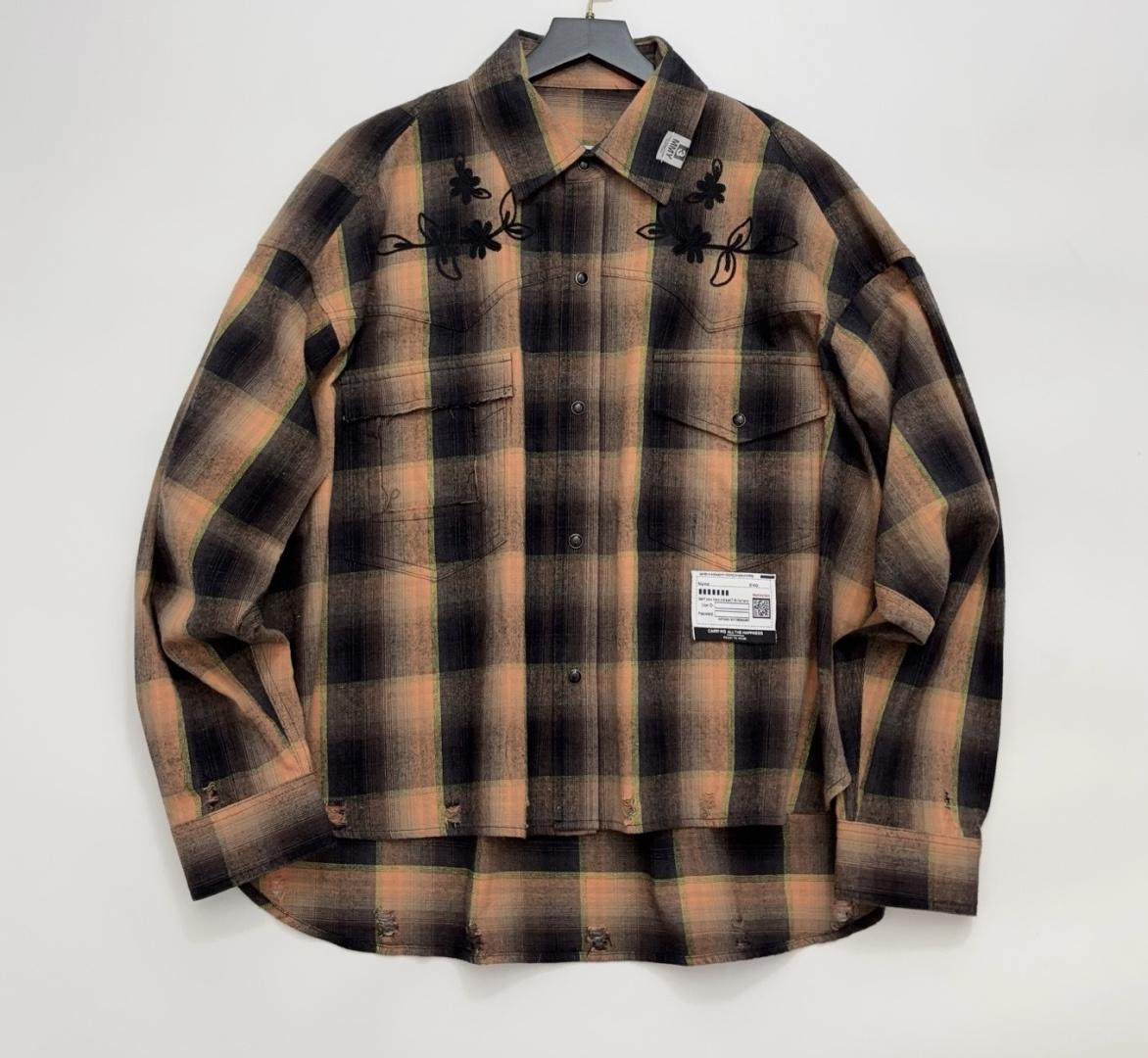 Maison Mihara Yasuhiro Letter Embroidery Plaid Shirt with Distressed Ripped Design