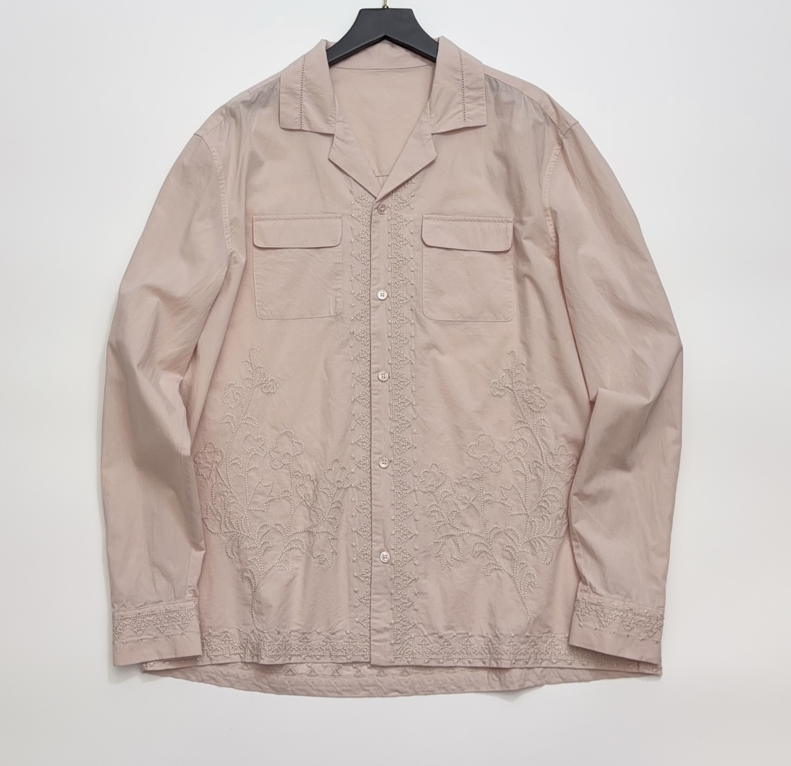Pink Embroidered Floral Double Pocket V-Neck Shirt