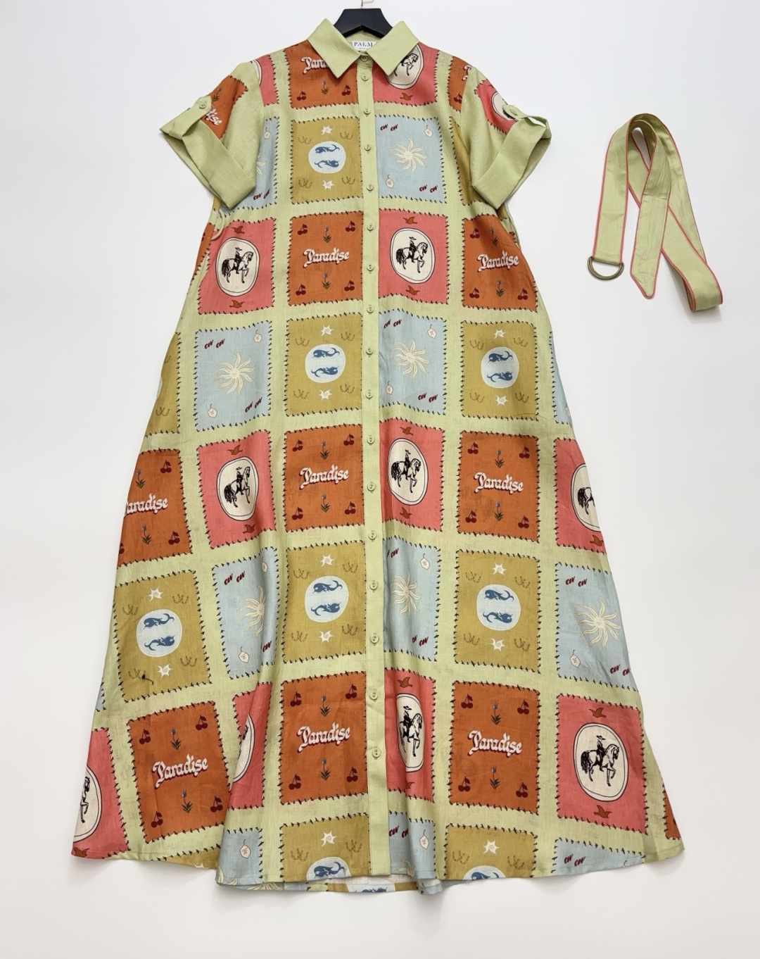 Palm Angels Noosa Pony Print Patchwork Tie-Waist Short Sleeve Maxi Dress