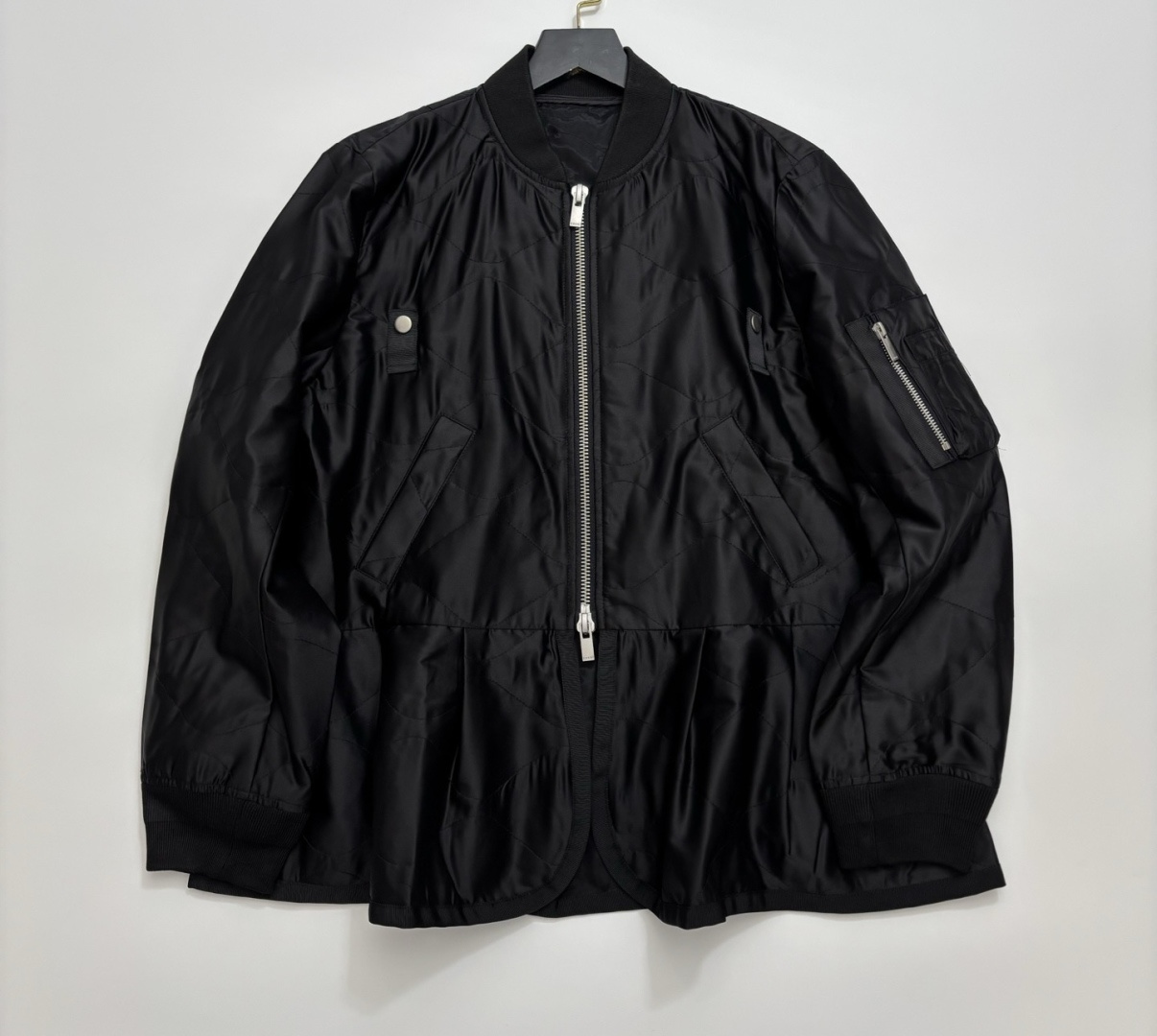Sacai Lightweight Embossed Nylon Pleated Fishtail Baseball Jacket