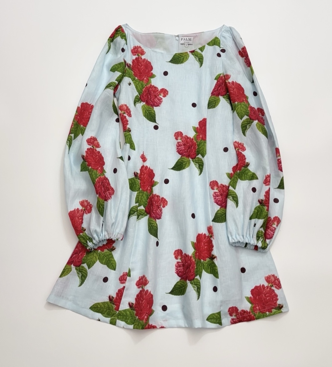 Palm Noosa 2026 Early Spring Blue Rose Print Vintage Puff Sleeve Cinched Waist Slimming Short Dress