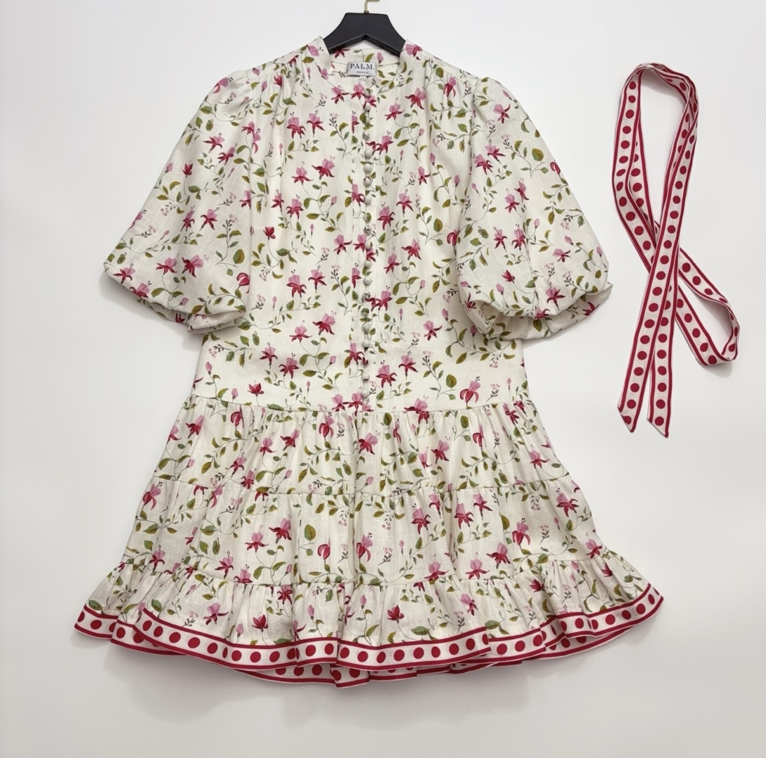 Palm Noosa Pink Vintage Linen Ditsy Floral Print Puff Sleeve Cinched-Waist Dress