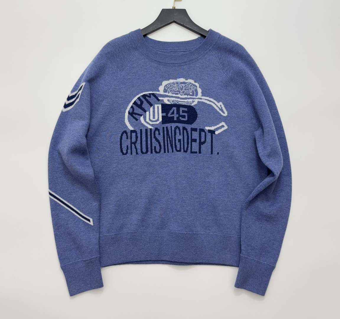 Japanese Style Relaxed Vintage Fine Pure Cotton Knit Drop Shoulder Grey-Blue Round Neck Sweatshirt