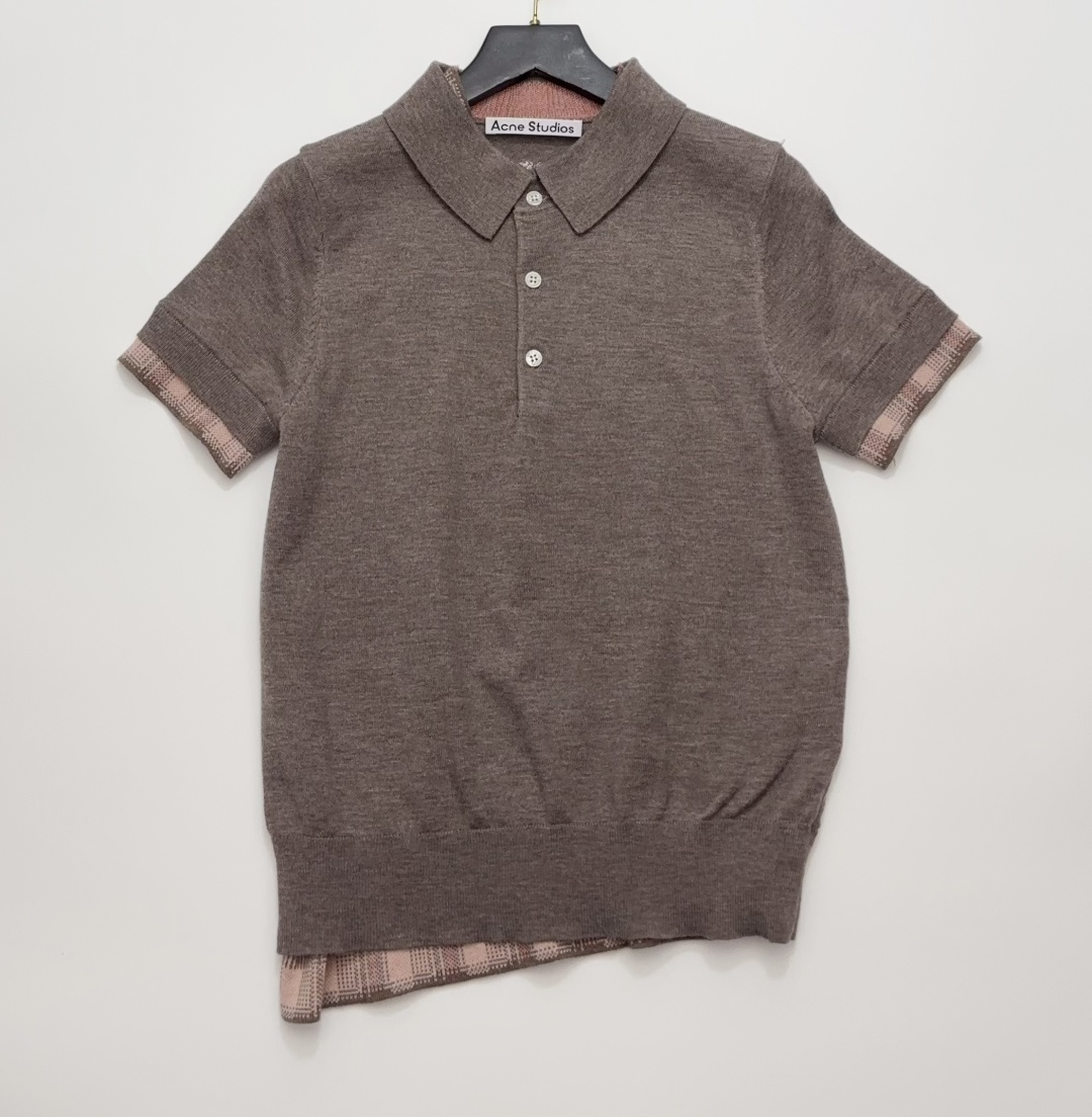Acne Studios Women's Faux Two-Piece Polo Collar Plaid Wool Knit Short Sleeve Sweater