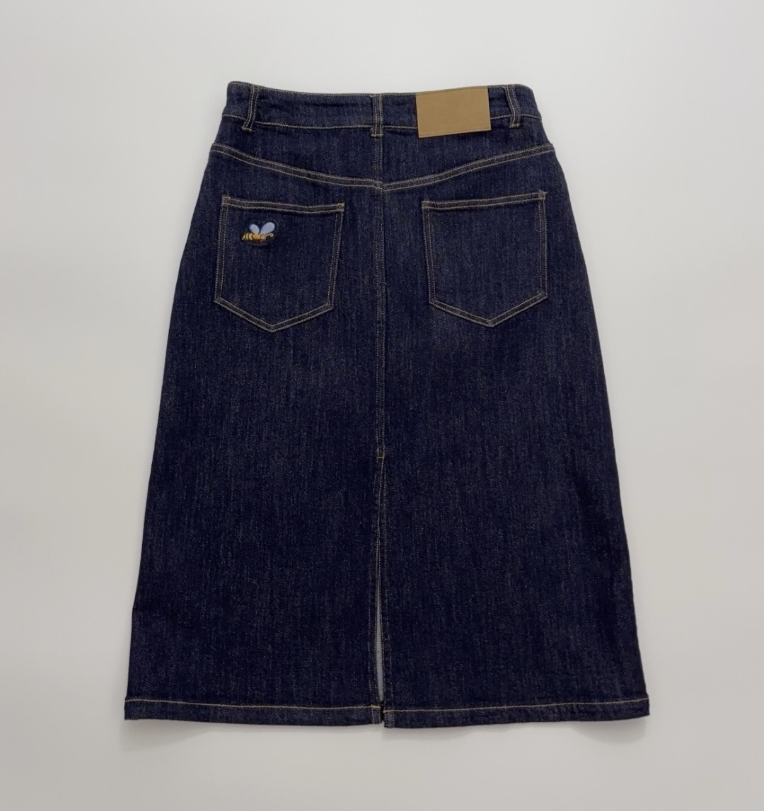 ICICLE Cotton Stretch Denim Midi Skirt with Bee Embroidery