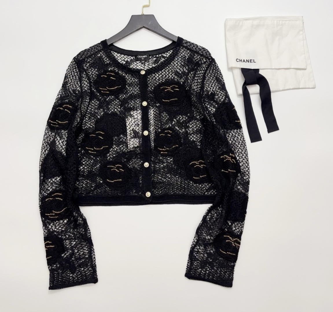 Chanel Long Sleeve Ribbed 3D Hollow-Out Floral Embroidered Knit Cardigan