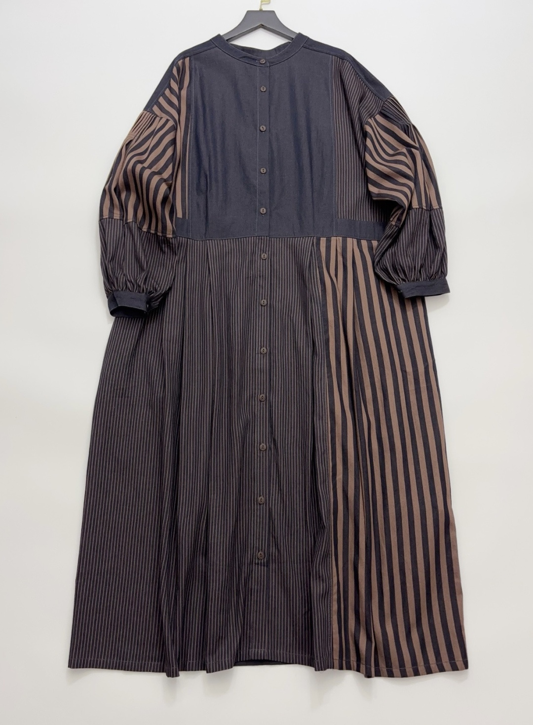 Archive Japanese Japanese Style Striped Stand Collar Drop Shoulder Puff Sleeve Shirt Dress