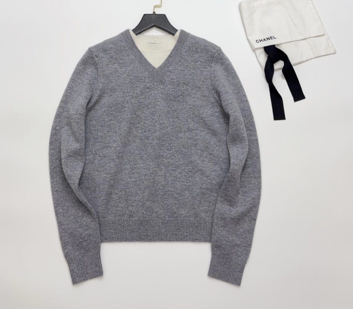 Chanel-Inspired Grey Loose Faux Two-Piece V-Neck Knit Sweater Top