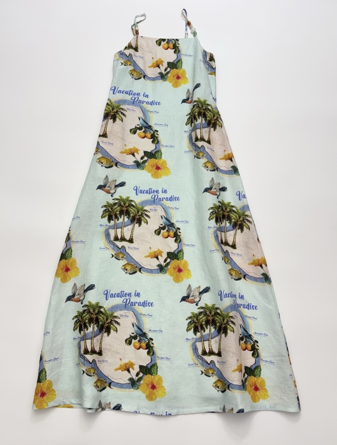 Niche Cotton Linen Blue Island Resort Print Cami Maxi Dress 2026 New Collection