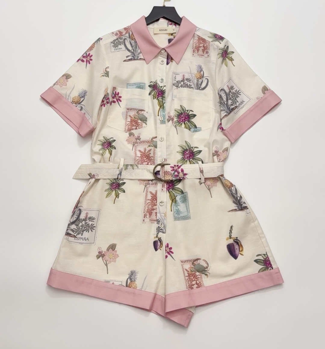 Kivari Floral Print Pink Patchwork Short-Sleeve Cinched Jumpsuit