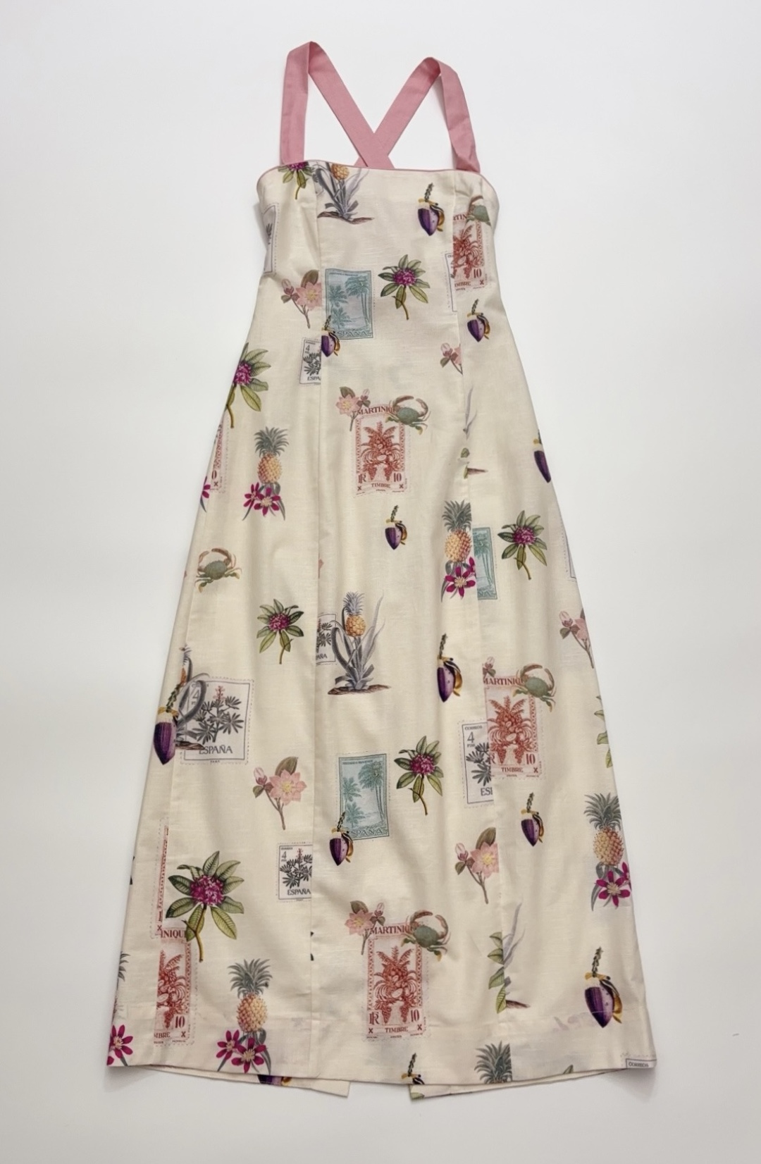 Cotton Linen Print Cross Strap Backless Tie-Back Dress