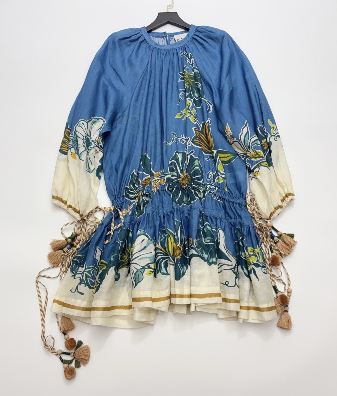 Alémais Ramie Print Luda Long-Sleeve Short French Loose Drawstring Tassel Dress