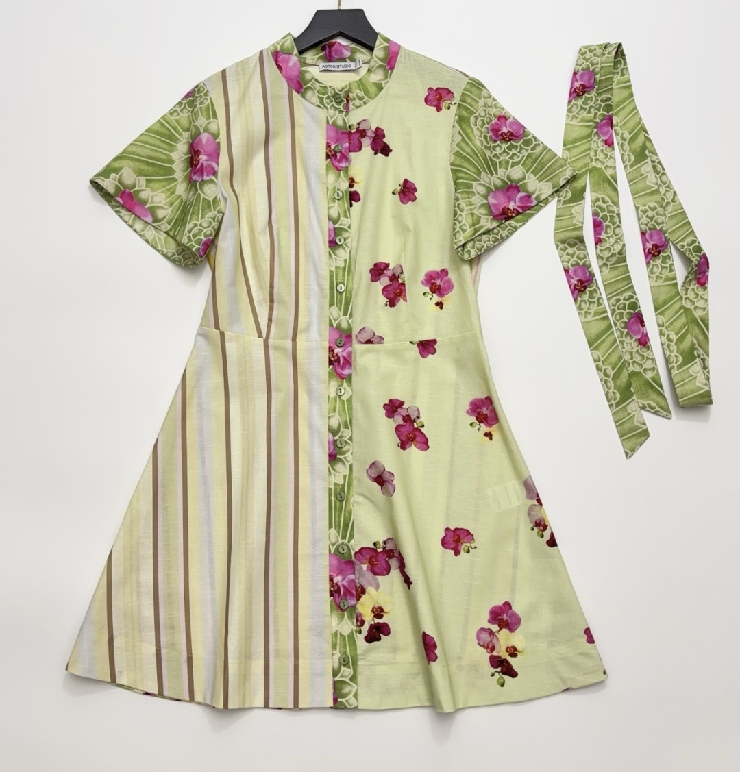Aston Studio Cotton Linen Green Floral Striped Tie-Waist Short Dress
