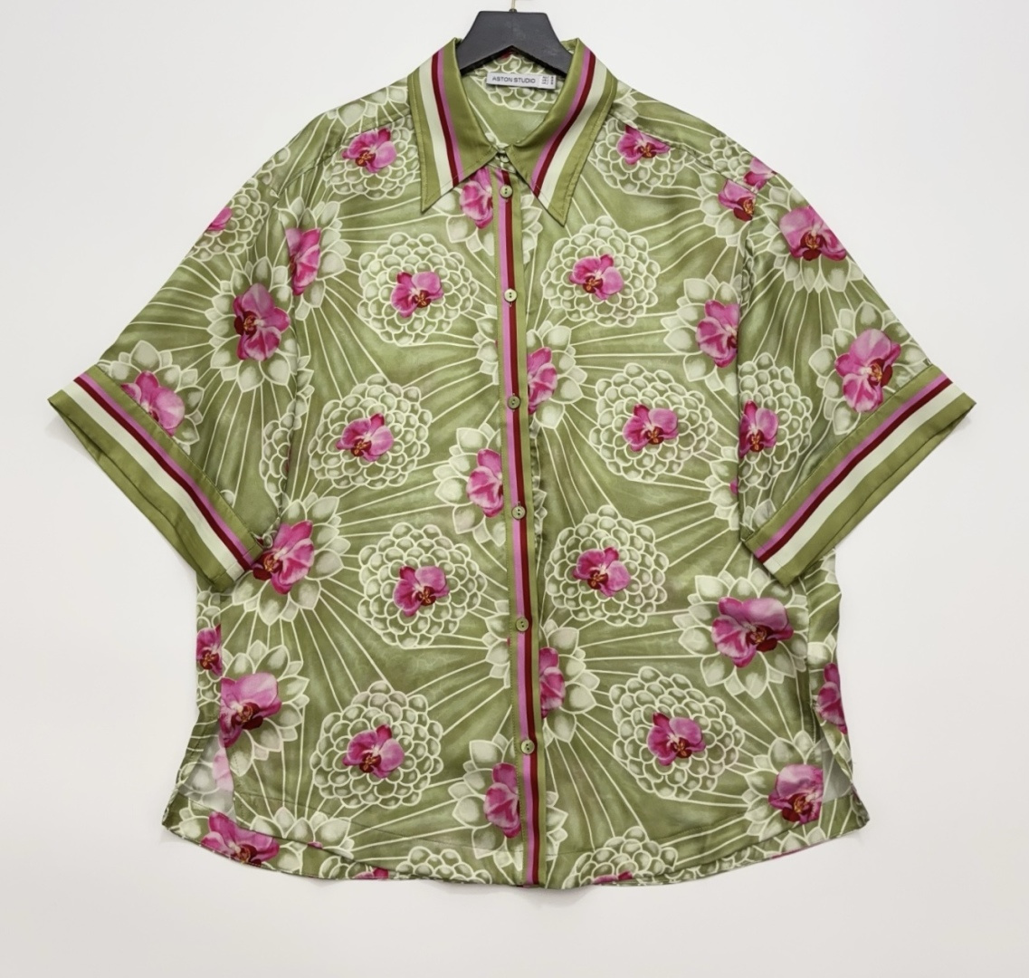 Aston Studio Green Floral Striped Print Loose Short-Sleeve Shirt Top