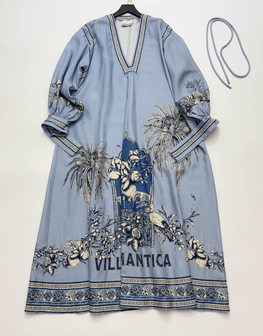 Alémais Sky Blue Vintage Letter Print V-Neck Long-Sleeve Loose Dress