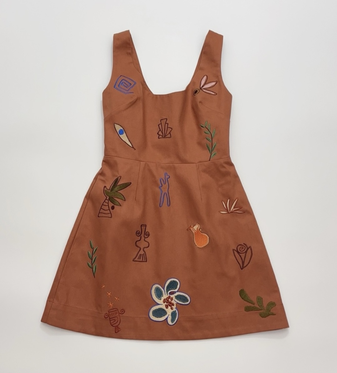 Alémais x LRNLE Dusty Embroidered Mini Dress with Brown Floral Embroidery and Open Back Design