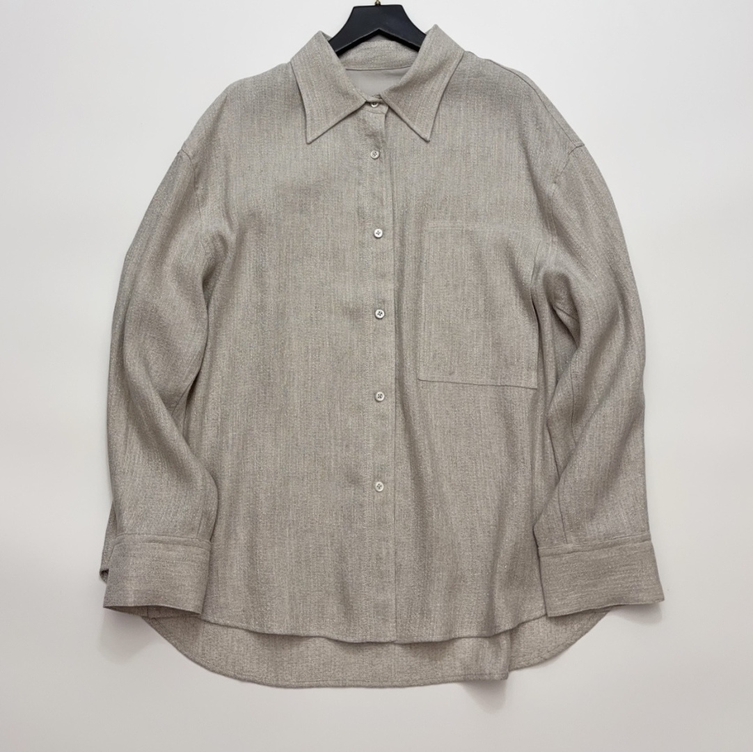 Linen Lapel Long Sleeve Shirt with Gold Thread Detail