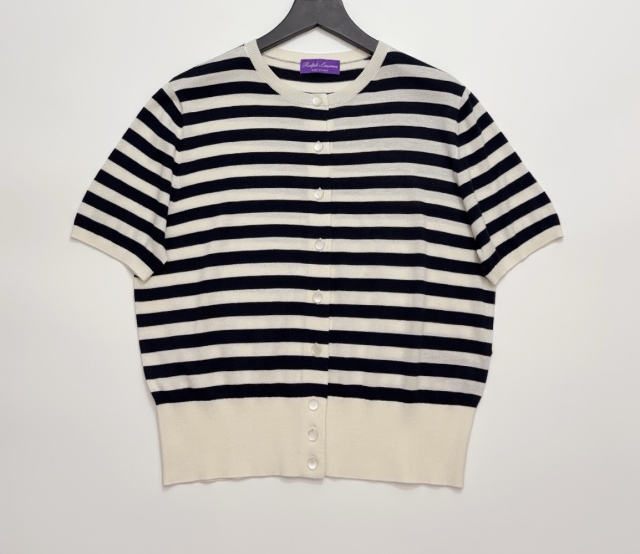 Purple Label Early Spring 2026 Slim Fit Striped Short Sleeve Knit Crew Neck Cardigan