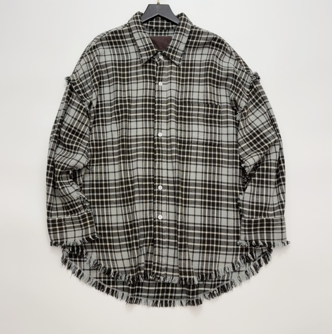 R13 New Plaid Long-Sleeve Shirt with Distressed Raw Edge