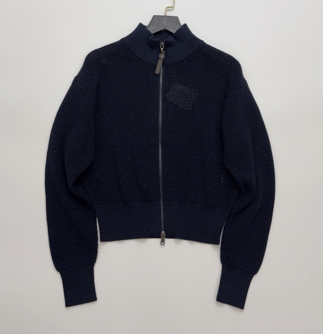 Navy Blue Zipper Hollow-Out Knit Cardigan Sweater