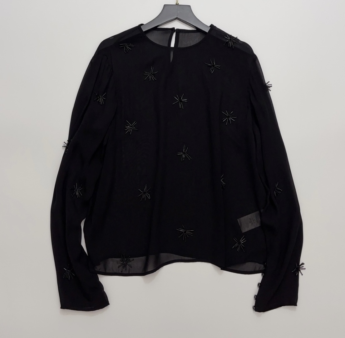 Hand-Beaded Bamboo Texture New Chinese Style Black Long-Sleeve Top