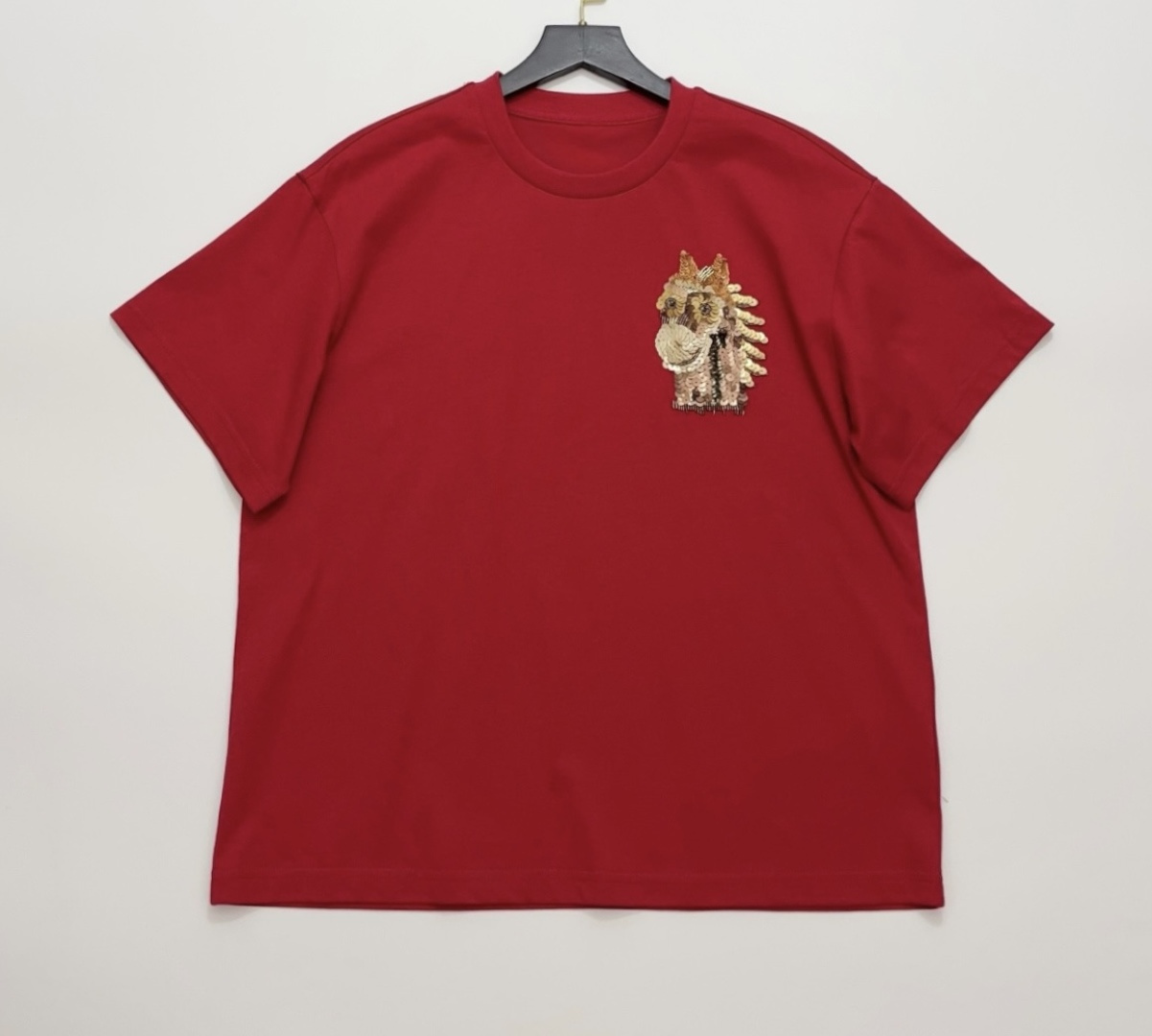 Heavy Embroidered Beaded Sequin Polo Round Neck Short-Sleeve T-Shirt