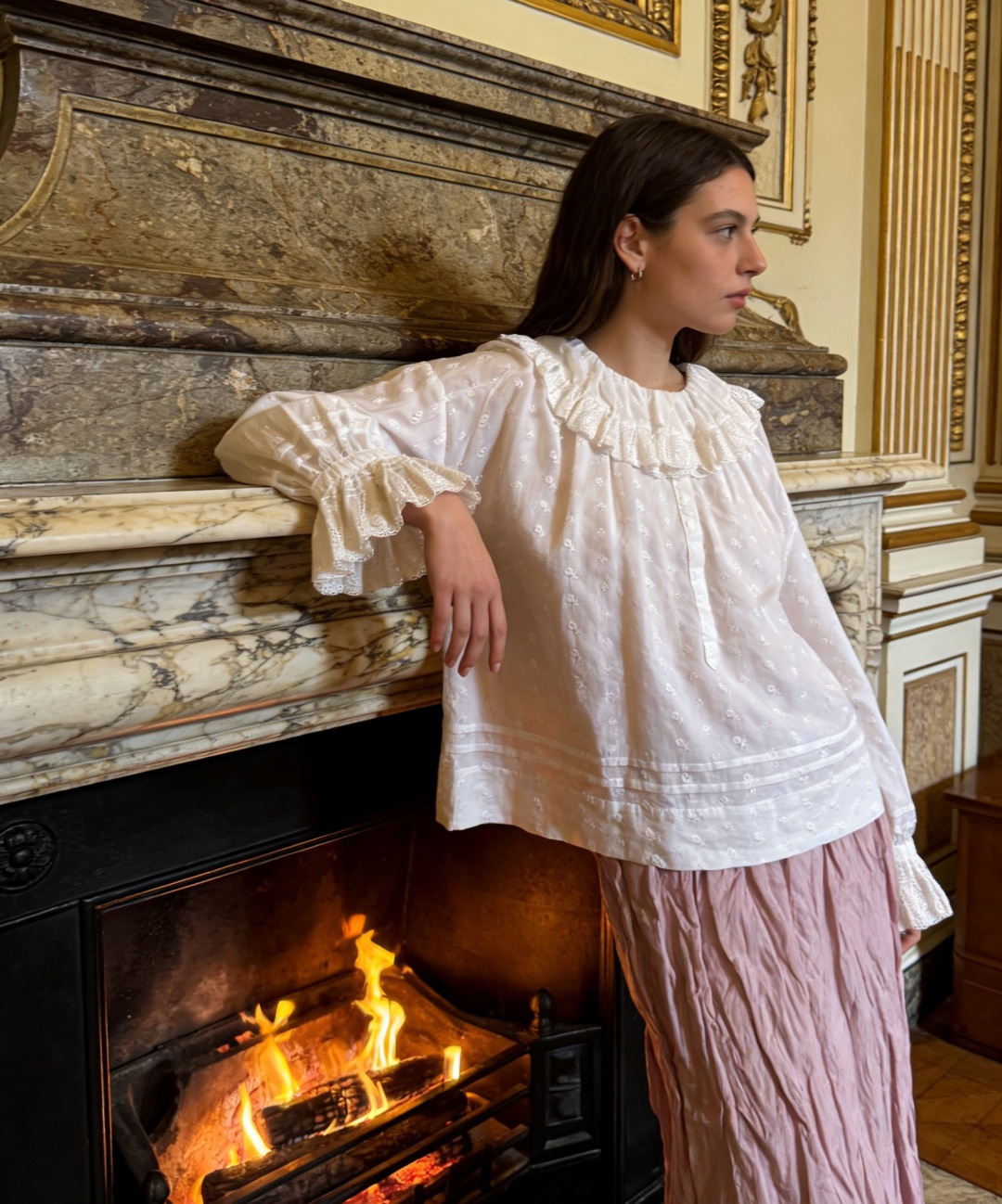 Dôen Vintage Ruffle Embroidered Long-Sleeve Blouse with Peter Pan Collar