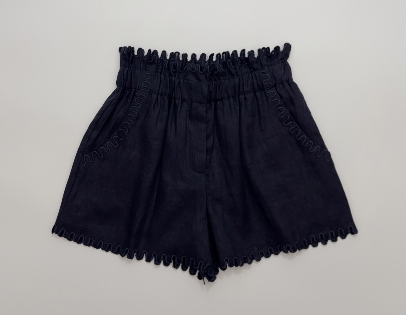Embroidered Wavy Lace Trim Linen Elastic Waist Shorts