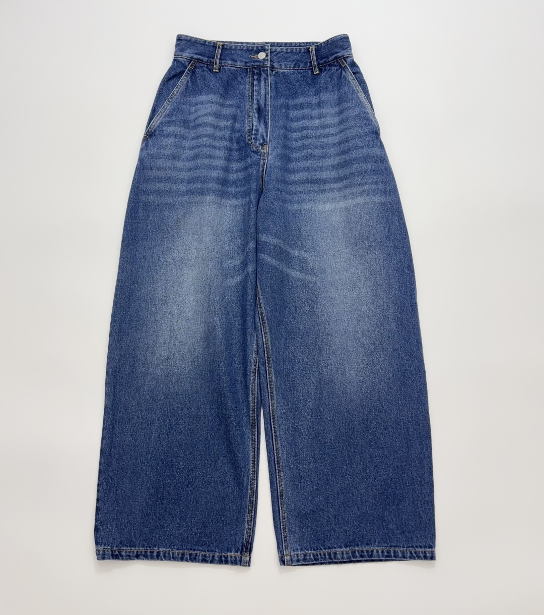 Studio Nicholson Curved Cut Blue Denim Casual Trousers