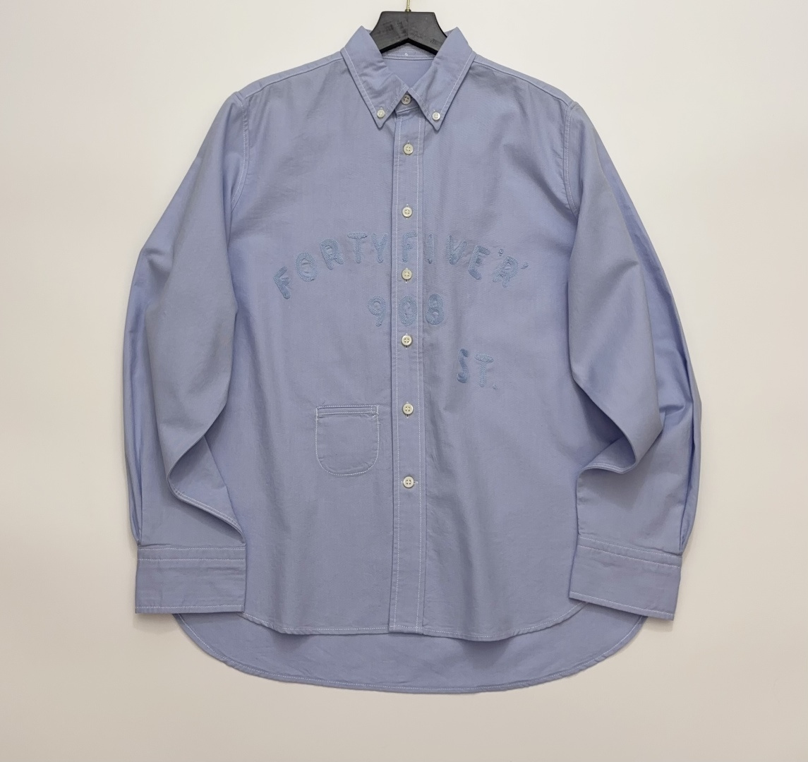 Japanese Style Oxford Cloth Retro Blue Letter Embroidered Long Sleeve Shirt