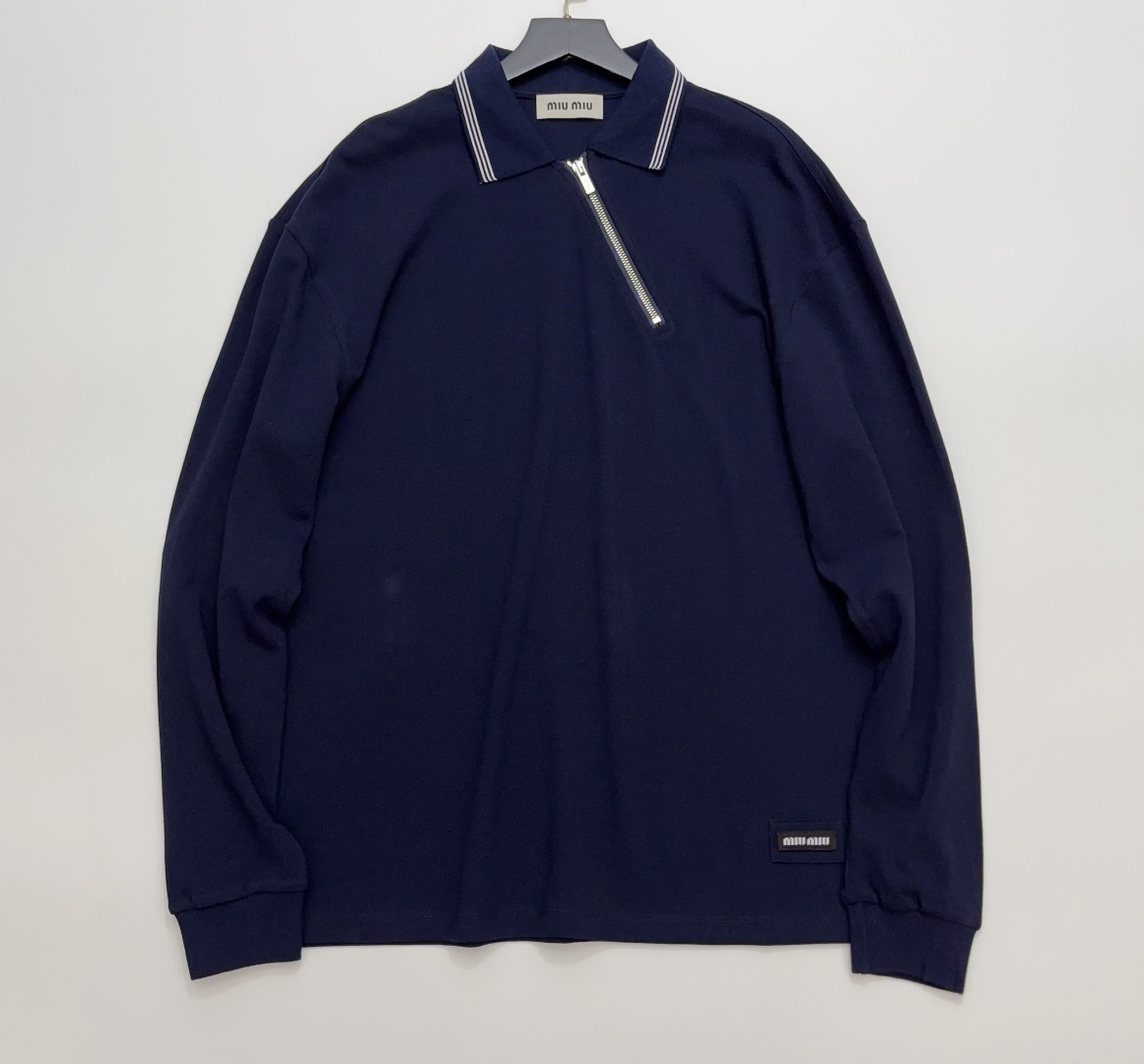 Miu Miu 2026 Early Spring Navy Blue Diagonal Zip Lapel Long Sleeve Polo T-Shirt