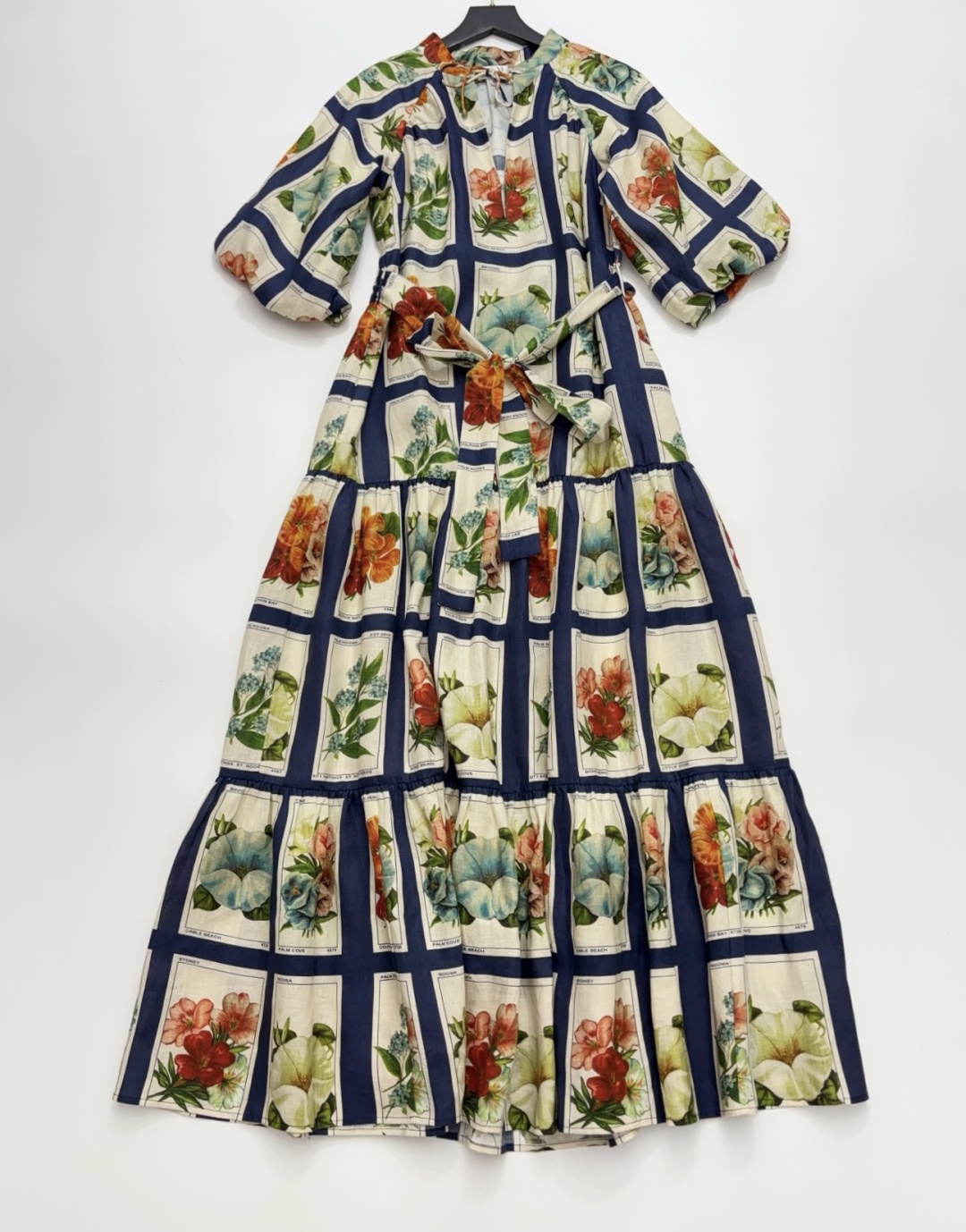 Palm Angels 2026 Spring/Summer Noosa Retro Floral Print Blue Puff Sleeve Tie-Waist Resort Maxi Dress