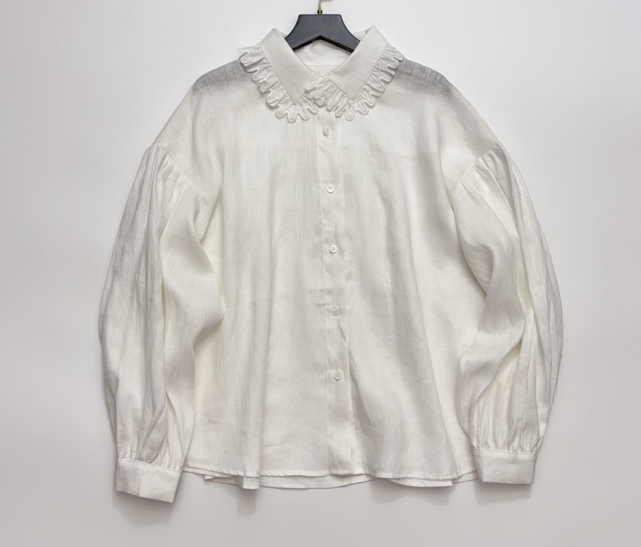Embroidered Wavy Lace Trim Linen Lapel Lantern Sleeve Shirt