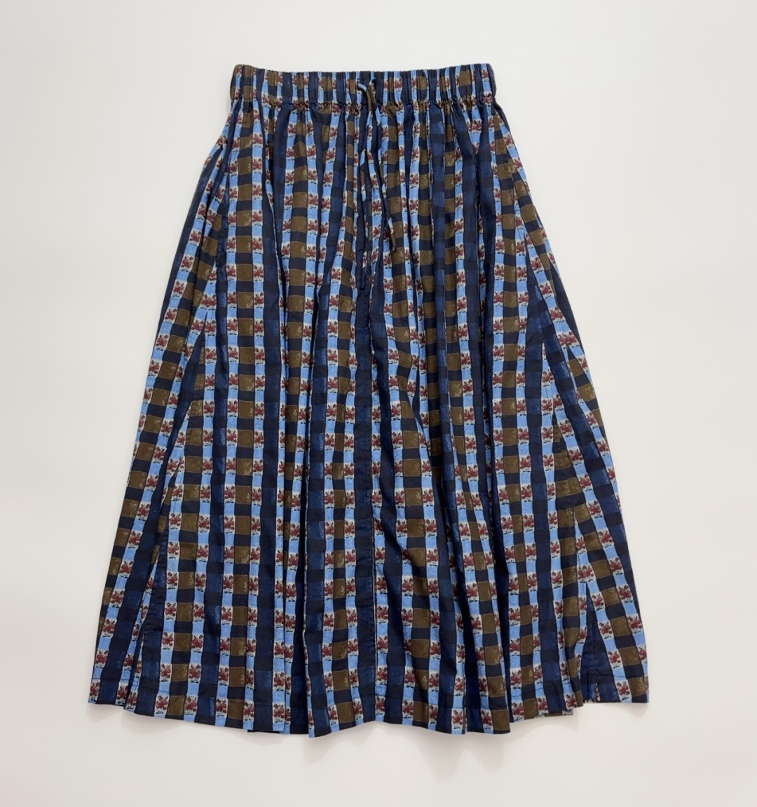 Japanese Floral Print Plaid Design Elastic Waist Skirt, Early Spring Versatile