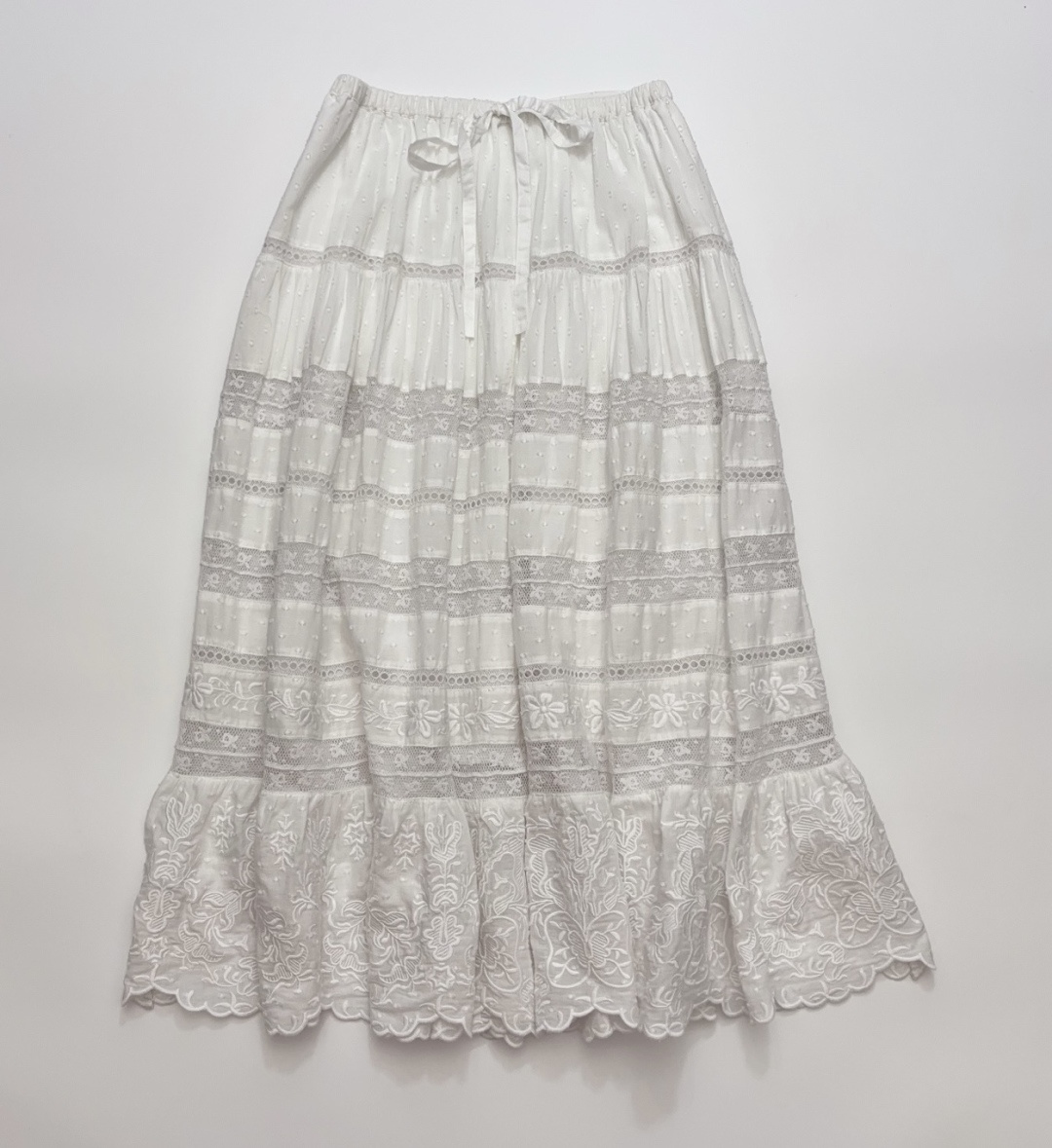 LoveShackFancy Donna Fairytale Heavy Embroidery Floral Lace Drawstring White Skirt