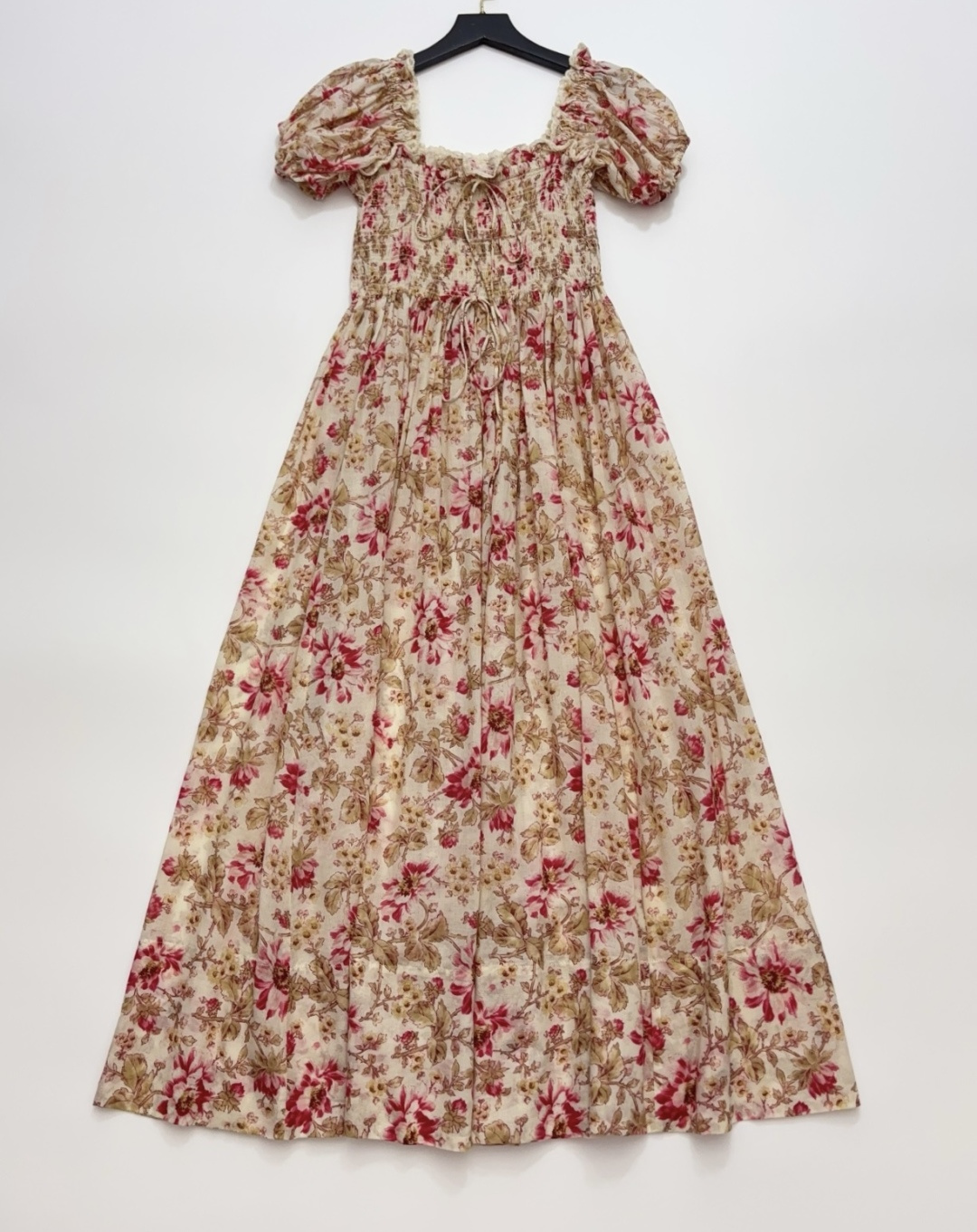 Dôen Floral Print Puff Sleeve Square Neck Tie-Waist Maxi Dress