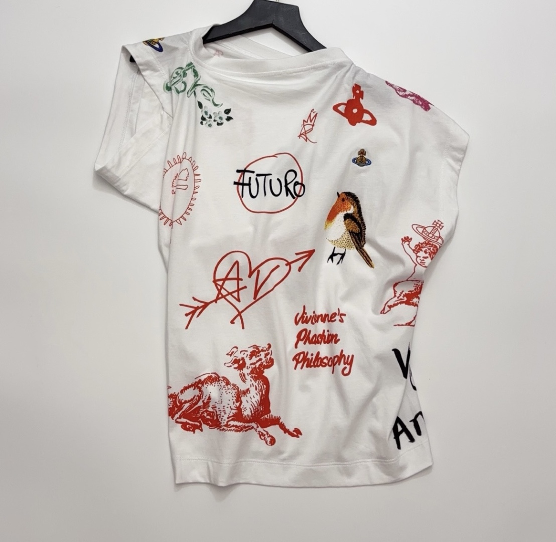 Vivienne Westwood Saturn Embroidered Asymmetric Shoulder Graffiti Short Sleeve T-Shirt