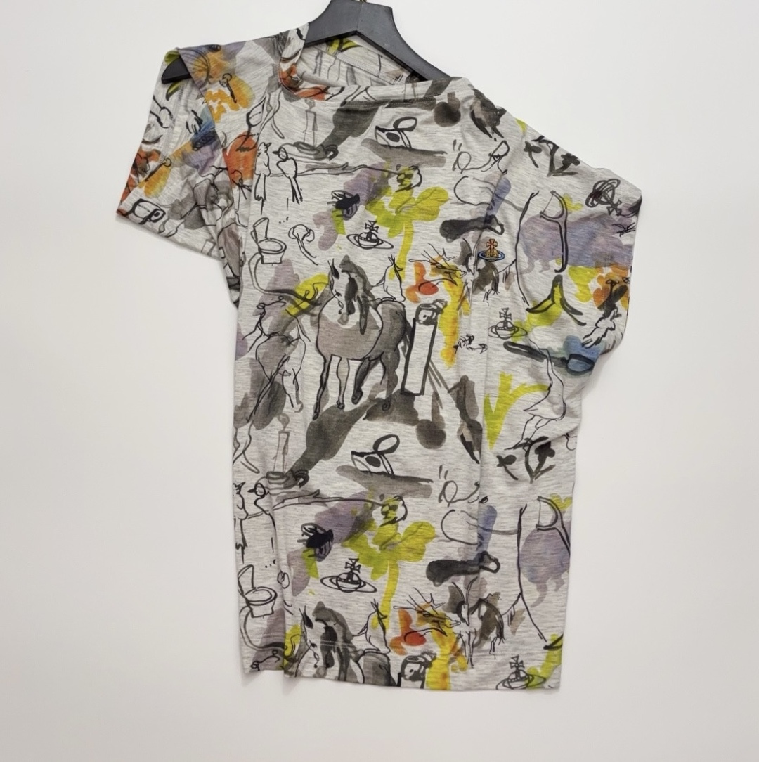 Vivienne Westwood Saturn Embroidered Asymmetric Shoulder Graffiti Short Sleeve T-Shirt