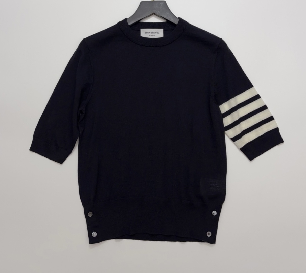 Thom Browne Collegiate Style Navy Four-Bar Round Neck Short Sleeve Knitted Top