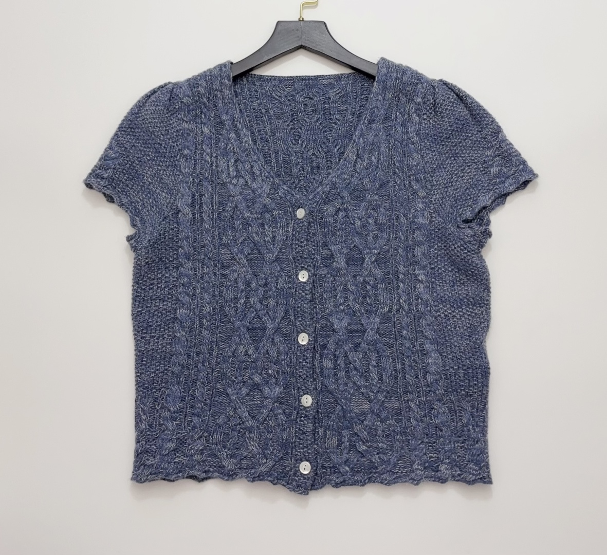 Ralph Lauren Polo Retro Blue Floral Yarn 3D Cable Knit V-Neck Short Sleeve Cardigan