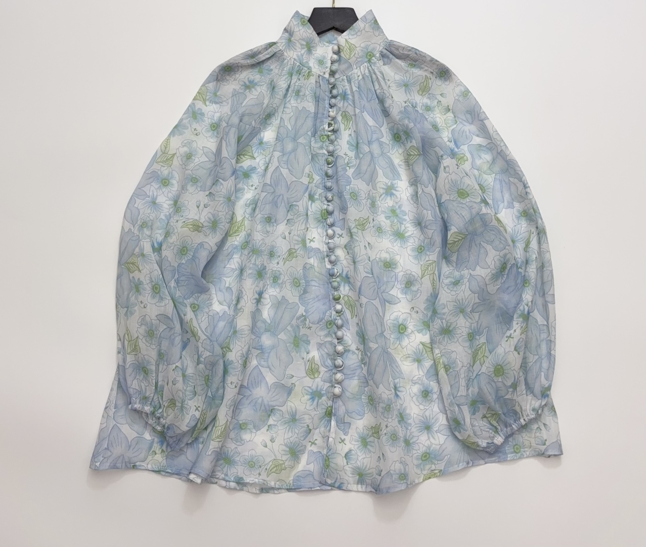 Lantern Sleeve Loose Stand Collar Printed Ramie Shirt
