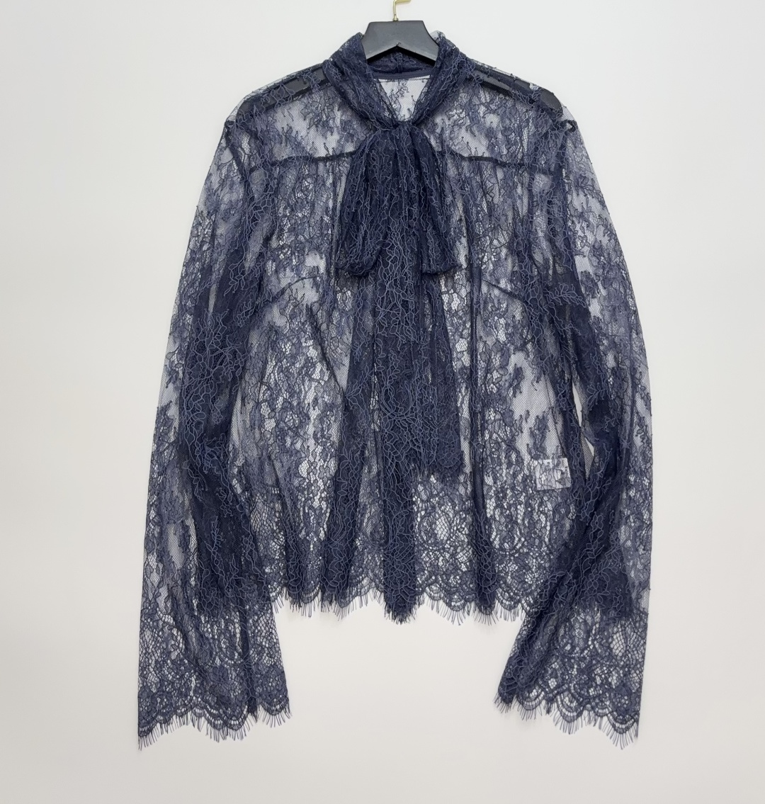 TIME Eyelash Lace Embroidered Floral Sheer Tie-Neck Blouse