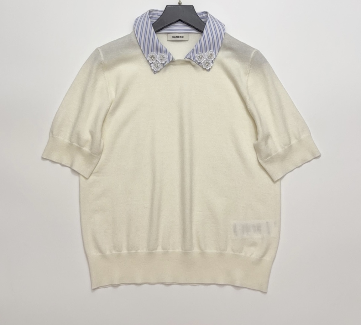 Sandro Fashion Patchwork Blue and White Shirt Collar Knit T-Shirt