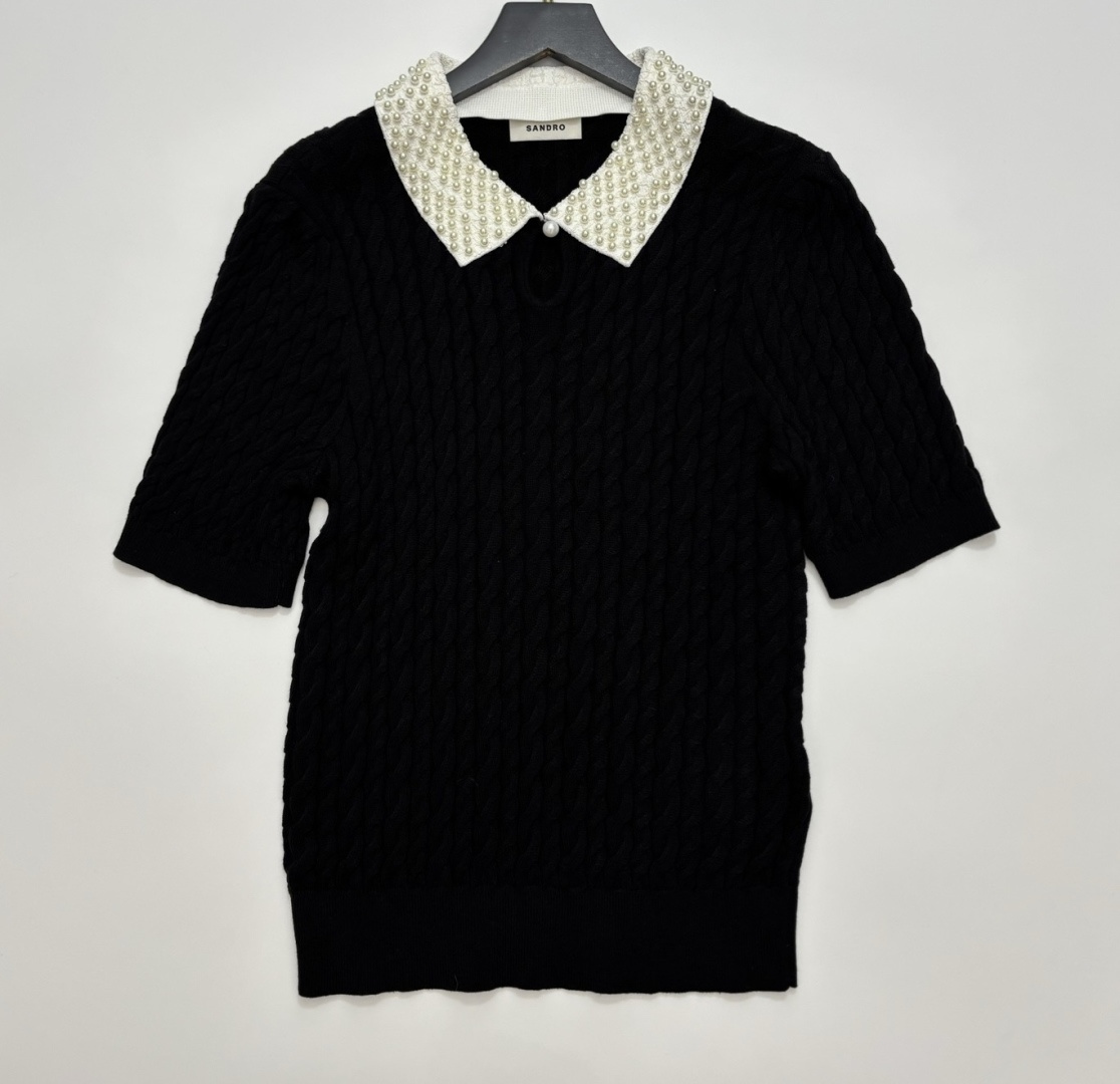 Sandro French Faux Pearl Lapel Cable Knit Puff Sleeve Cardigan